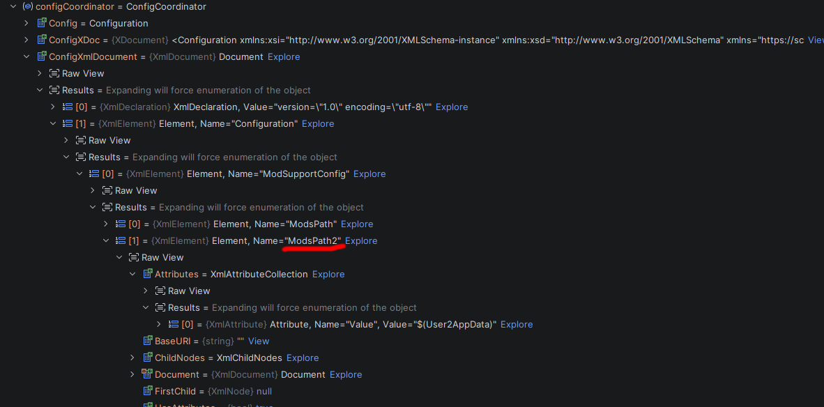 While <code>ModsPath2</code> is non-existent in the <code>Config</code> class, the plugin may still locate it via the exposed raw <code>XmlDocument</code>\nand do appropriate migration, if needed
